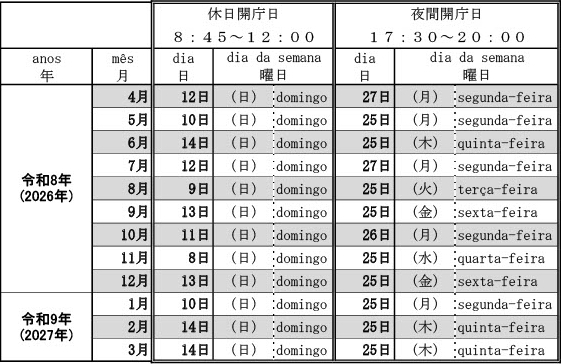 夜間・休日開庁カレンダー